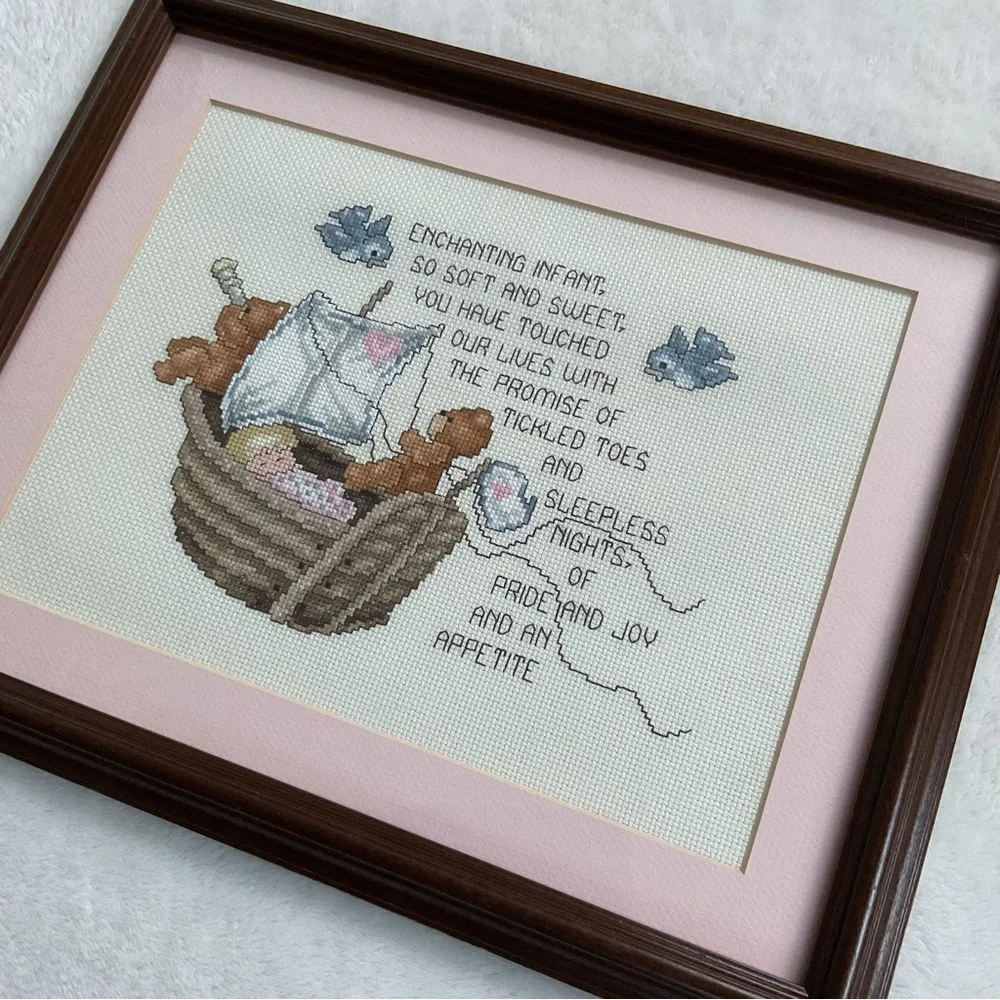 Vintage 1990s Baby Cross Stitch Sampler Framed Nursery Wall Art Cottagecore